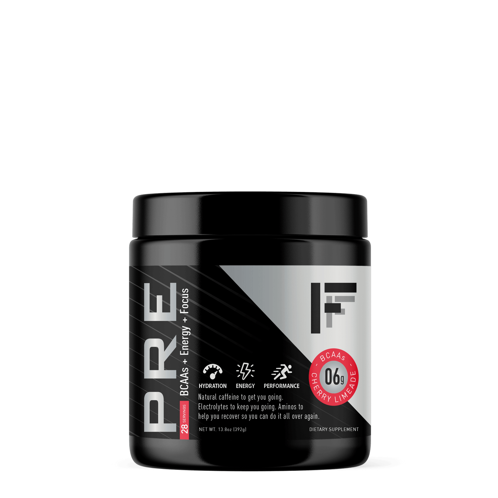 "Get energized with FEAST-FUEL Pre-Workout, packed with 100mg of natural caffeine, BCAAs, L-Glutamine and electrolytes."