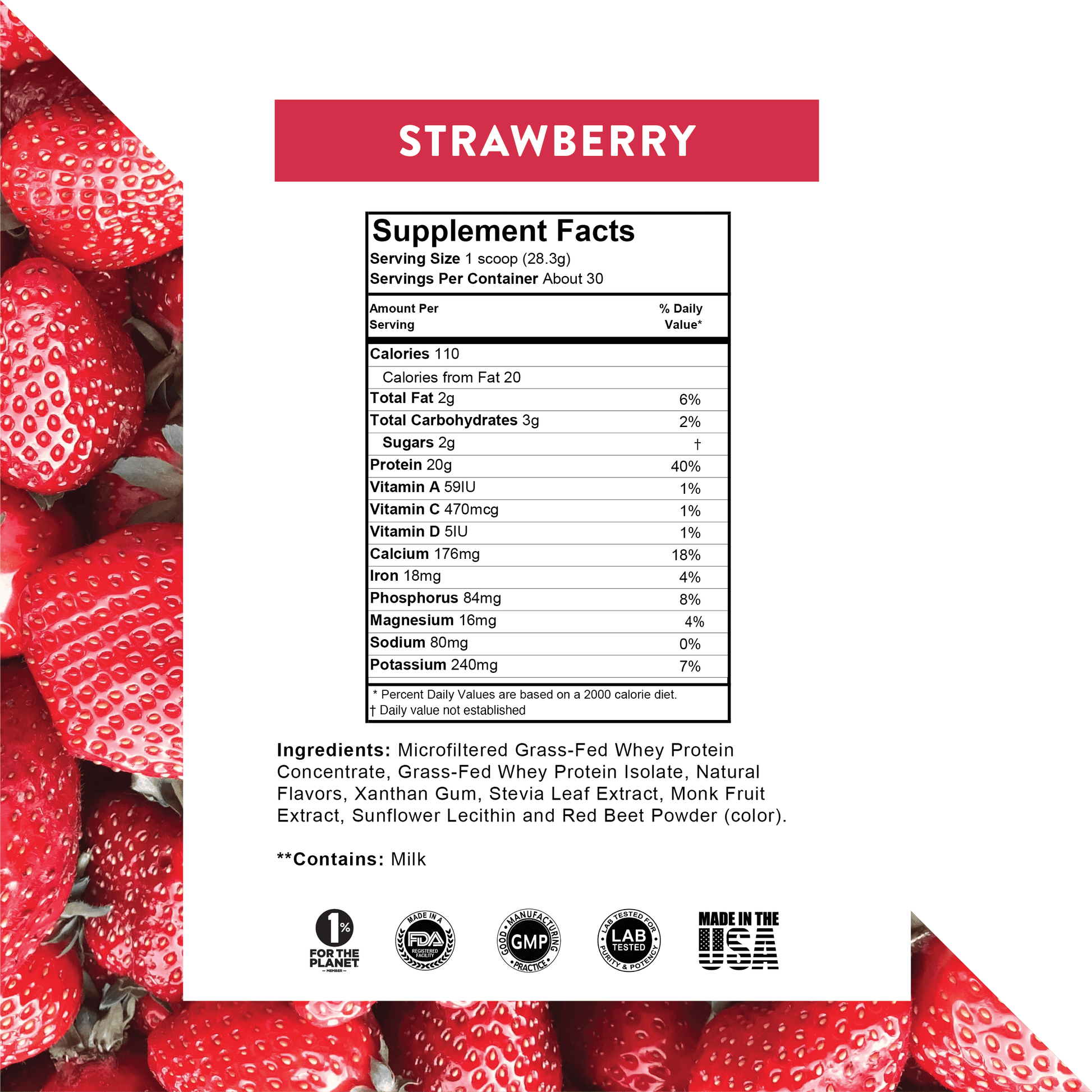 High-quality strawberry whey protein powder sourced from grass-fed cows