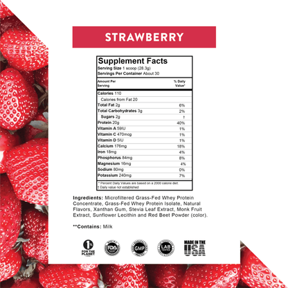 High-quality strawberry whey protein powder sourced from grass-fed cows